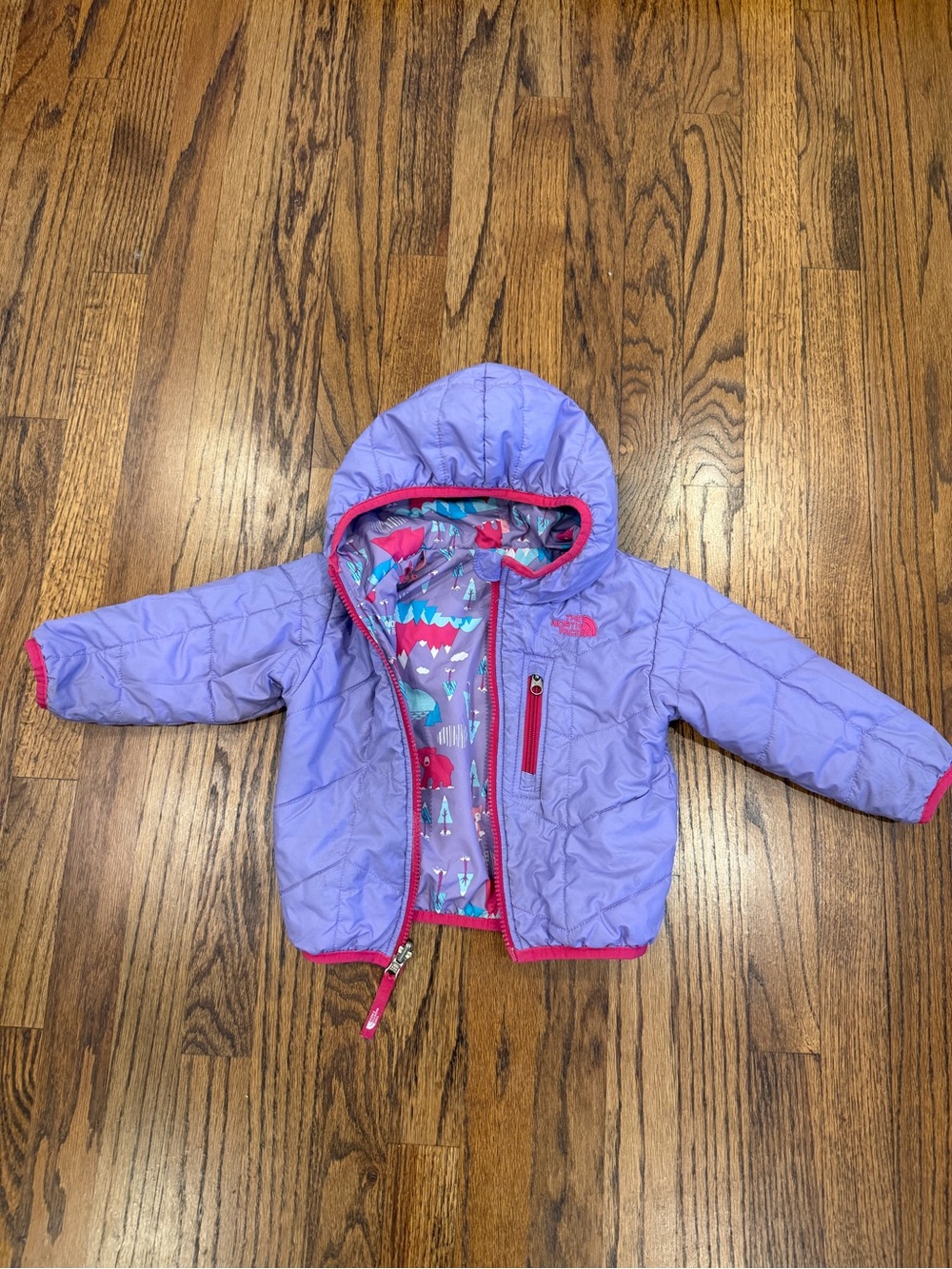 The North Face Lavender Hooded Kids Puffer Jacket with Pink Trim